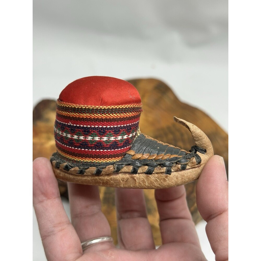 Vintage Traditional Opanak Peasant Miniature Shoe Pin Cushion Balkans Leather